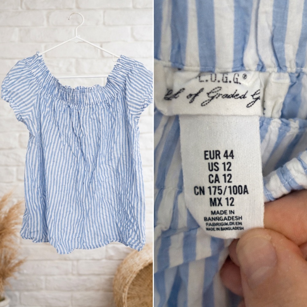 H&M Blue and White Striped Elastic-Neck Peasant Top